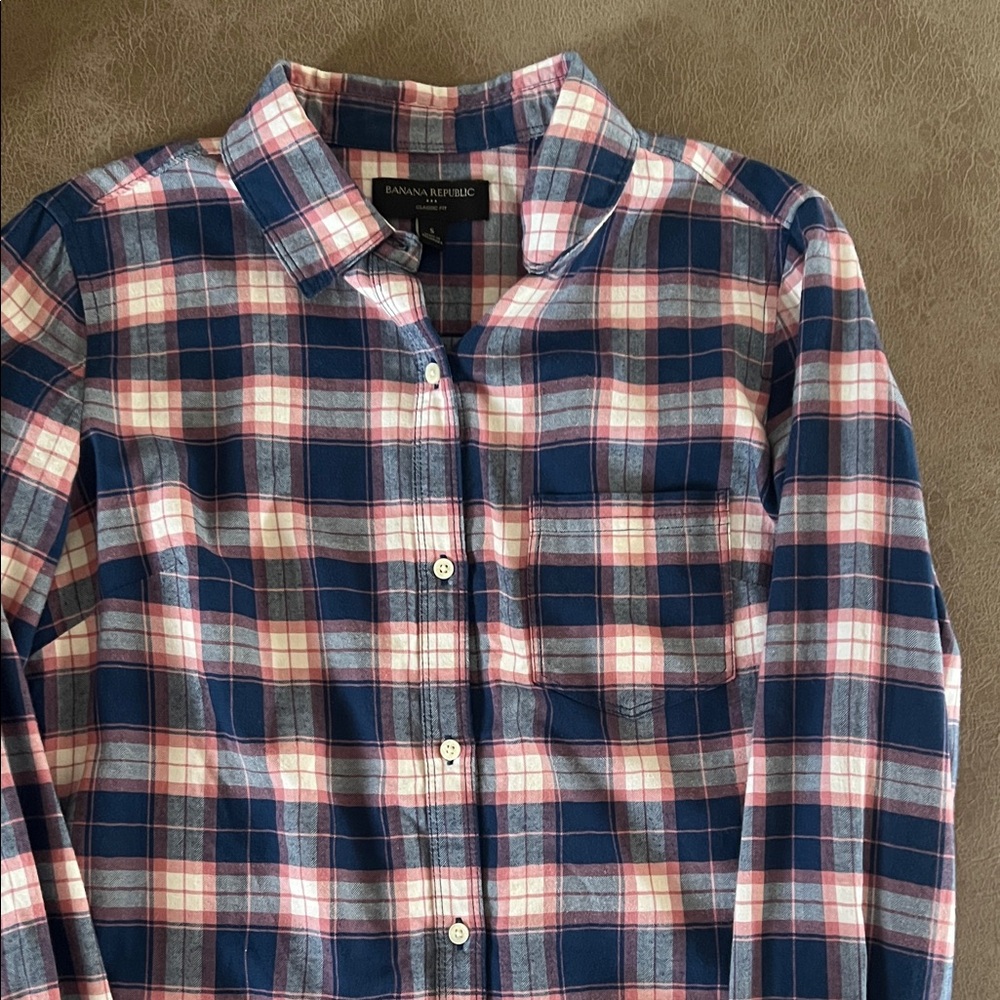 Banana Republic Navy and Pink Plaid Shirt
